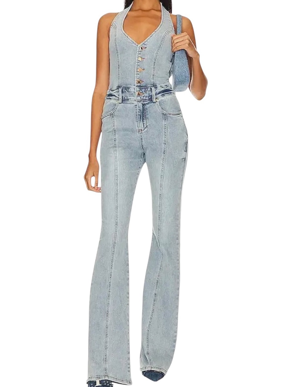 NEW Retrofete Cynthia Halter Denim Jumpsuit Vintage Celeste Medium